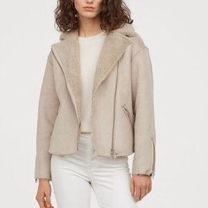 H&M Faux Suede Shearling-Lined Biker Jacket Size 2